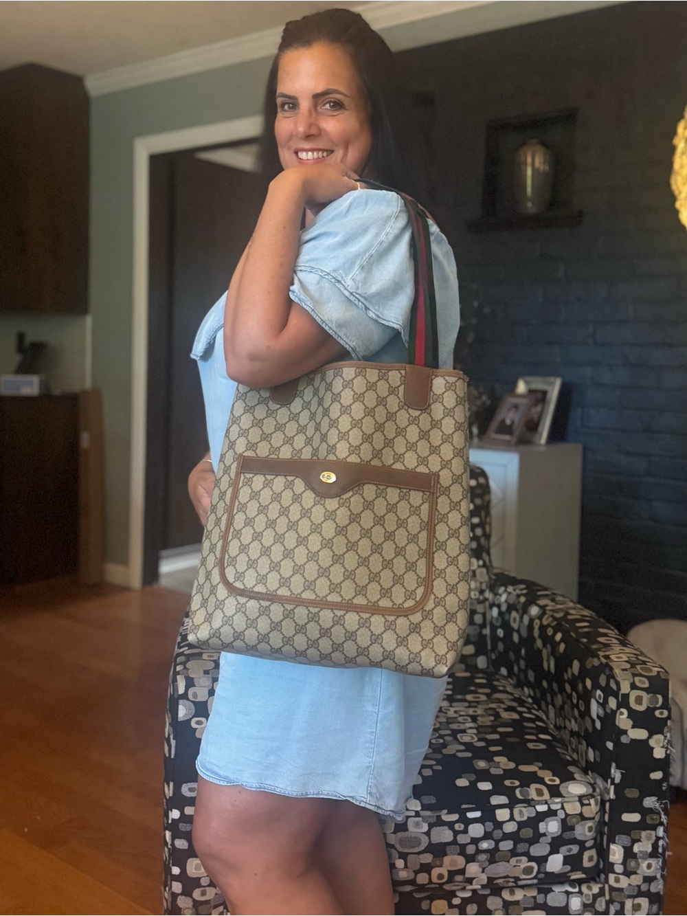 Gucci Beige Monogram Large Tote with Green and Red Web Straps in EUC with COA